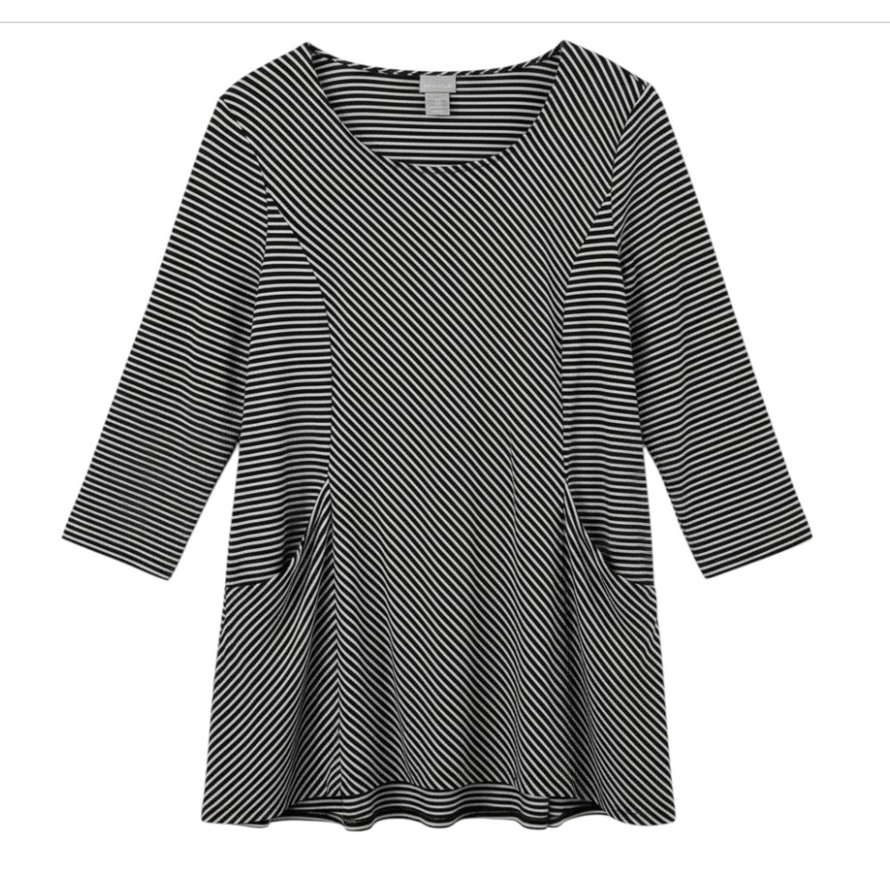 CHICO'S Black & White Diagonal Stripes SOFT KNIT TUNIC TOP w/POCKETS Lagenlook 0